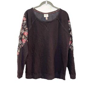 Knox Rose Womens Sweatshirt Embroidered Floral Long Sleeve Gray Distressed Sz M